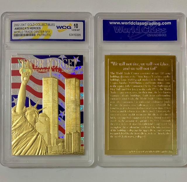 9/11 World Trade Center 23k Gold Foil Tribute Card: American Heroes / Never Forget / Gem Mint 10