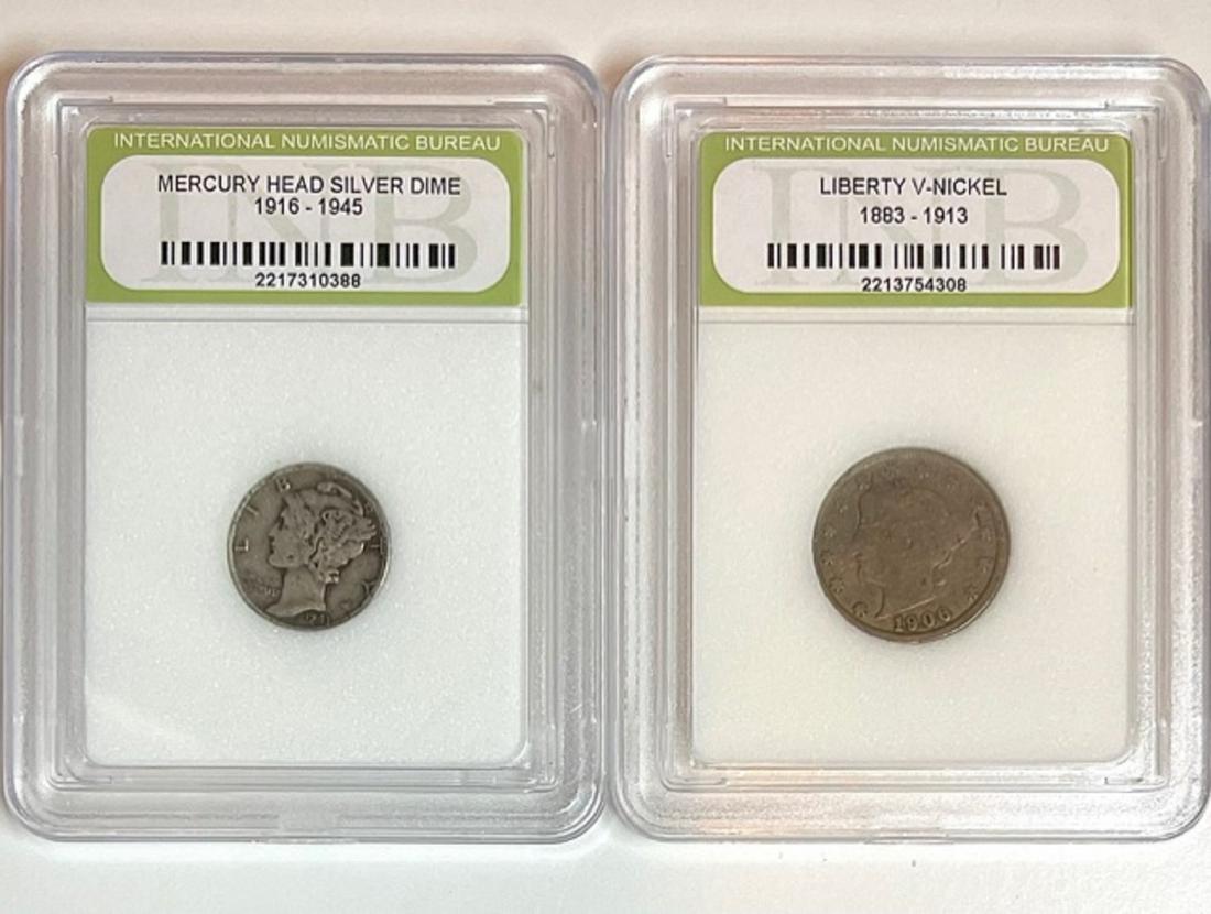 Lot of 2 - 1906 V-Nickel and 1943 Mercury Silver Dime (1 of 1)