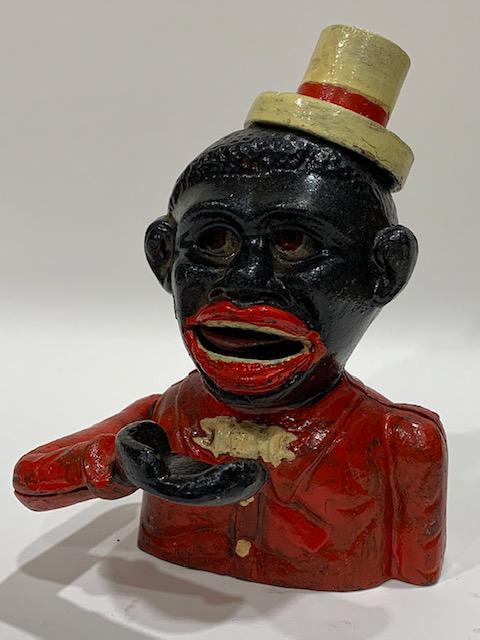 Black Americana Cast Iron LITTLE JOE Coin Bank: This Mechanical Coin Bank symbolizes a dark part of our History / We Do Not Share the Same Opinion this Piece may Represent / We do not know how old these actually are / See all Photos.