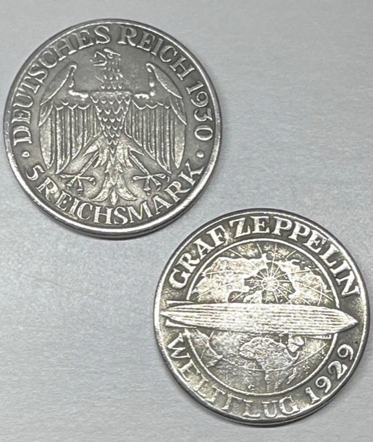 1929 German Nazi Graf Zeppelin Deutsches Reich Coin: 1929 German Nazi Weltflug Graf Zeppelin Deutsches Reich Clad Silver Coin / Double Sided Imagery / We Do Not Know for Sure whether or Not it is a Period Original Piece therefore Sold as a Possible Re-S