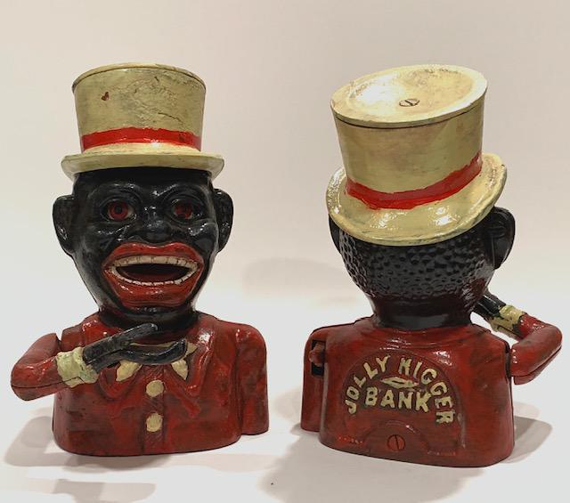 Black Americana Cast Iron JOLLY NEGRO Coin Bank: This Mechanical Coin Bank symbolizes a dark part of our History / We Do Not Share the Same Opinion this Piece may Represent / We do not know how old these actually are / See all Photos