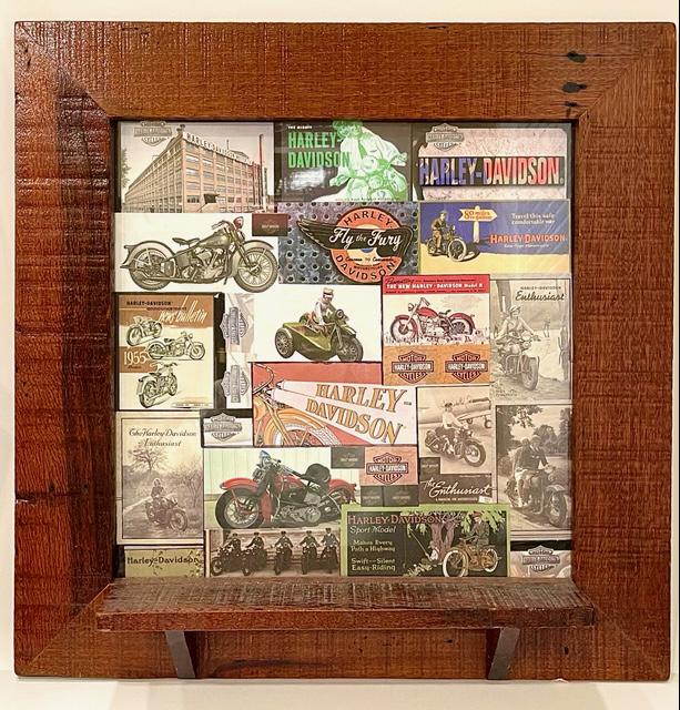 Handmade HARLEY DAVIDSON Collage Man Cave Wall Shelf: This is an Awesome Handmade Solid Wood Framed Man Cave Collage of Early Harley Davidson Advertising Paraphernalia Behind Glass that also Features a Wall Shelf for your Small Harley Collectibles â€�