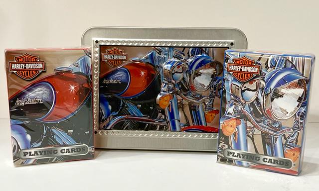 2 Sealed HARLEY DAVIDSON Decks of Cards w/Original Tin: Lot of 2 Sealed Decks of Harley Davidson Playing Cards with Original Tin in Perfect Condition