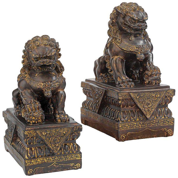 Large bronze tone Chinese Guardian Lion Foo Dog Statues (1 of 4)
