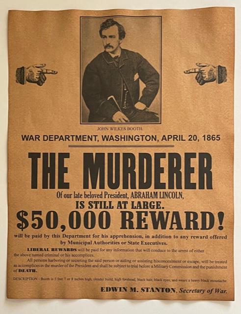 Dated 1865 JOHN WILKES BOOTH Wanted Poster (1 of 1)