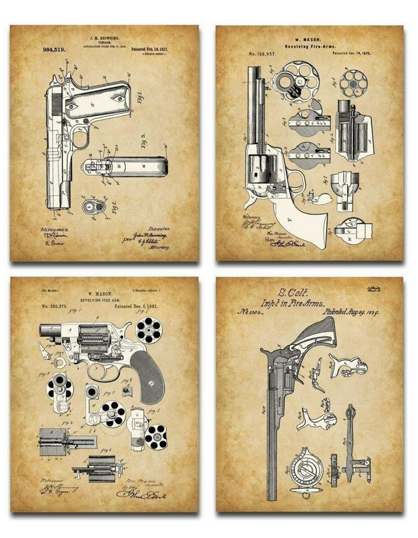 Awesome Set of 4 COLT Pistols Patent Art Prints: Awesome Set of COLT Pistol Original Patent Drawing Wall Art Prints - These were the Original Drawings used to Obtain Patents for their Guns - They each Measure 8 x 10 and have Never been Hung â€“