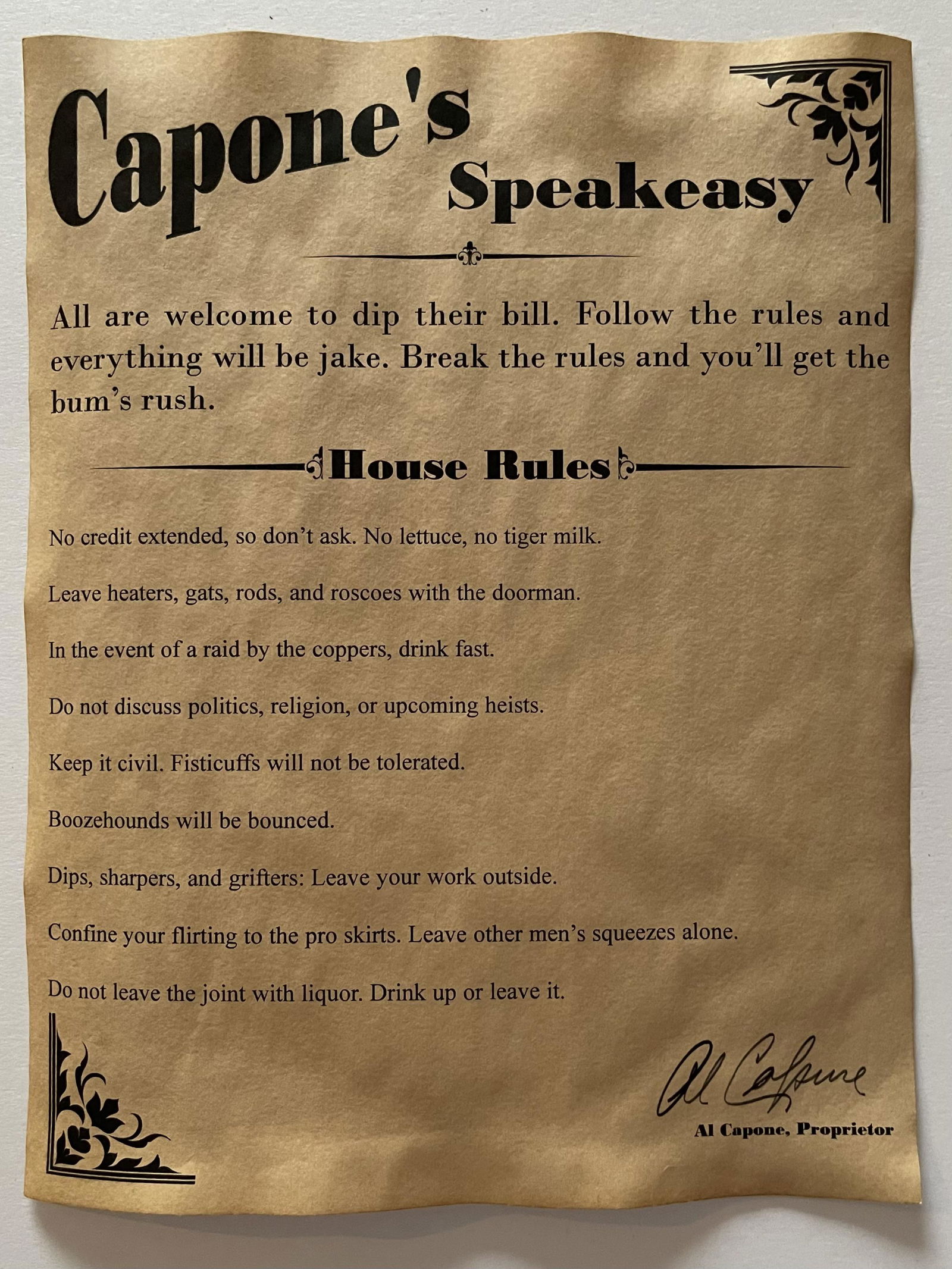 Al Capone Prohibition Era Speakeasy House Rules Poster (1 of 1)