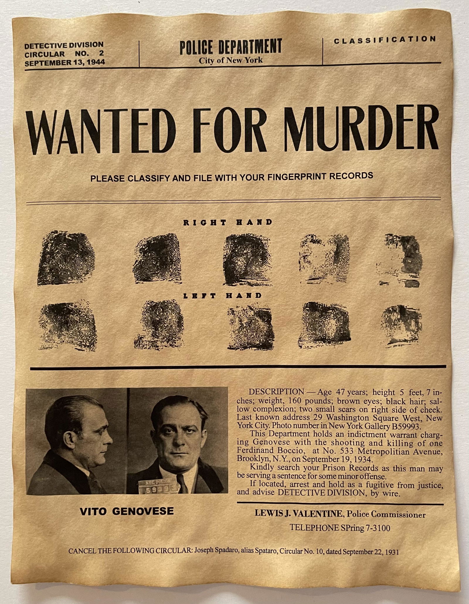 VITO GENOVESE Wanted for Murder Poster (1 of 1)