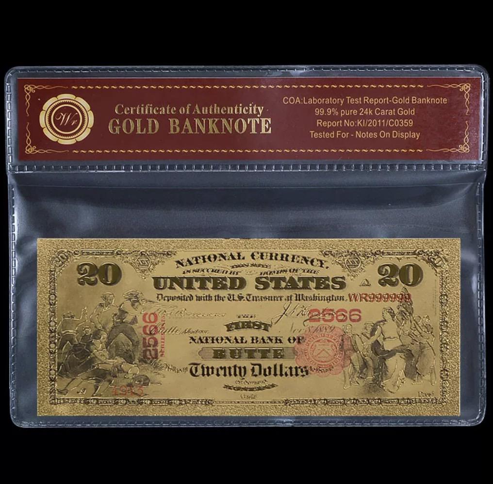 1875 Lab Tested 24k Gold Clad $20 Banknote: First National Bank of Butte Montana / Lab Tested for Bank Notes on Display / Not Actual Currency or Period Original / These are Re-Created to Simulate the Originals and are Being Sold as a Collectibl