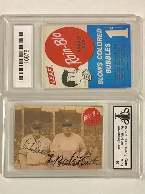 BABE RUTH & LOU GEHRIG Advertising Baseball Card: RAIN-BLO GUM / Gem Mint 10