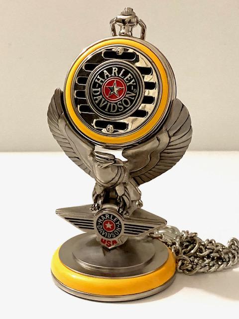 Genuine HARLEY-DAVIDSON Pocket Watch Stand & Chain: FATBOYâ€“ Great Piece - Must See all Photos to Appreciate