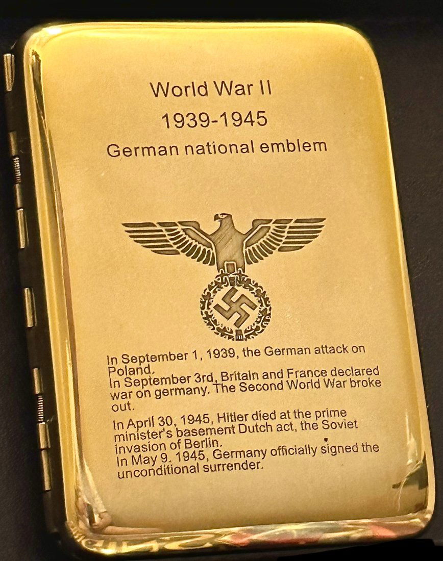 WW2 Nazi Germany Tribute Gold Tone Cigarette Case: This is a WW2 Adolf Hitler German Nazi Tribute Cigarette Case featuring the German National Emblem and details of World War 2. All WW2 Nazi, German or Russian Advertised Items are SOLD AS-IS. We Canno
