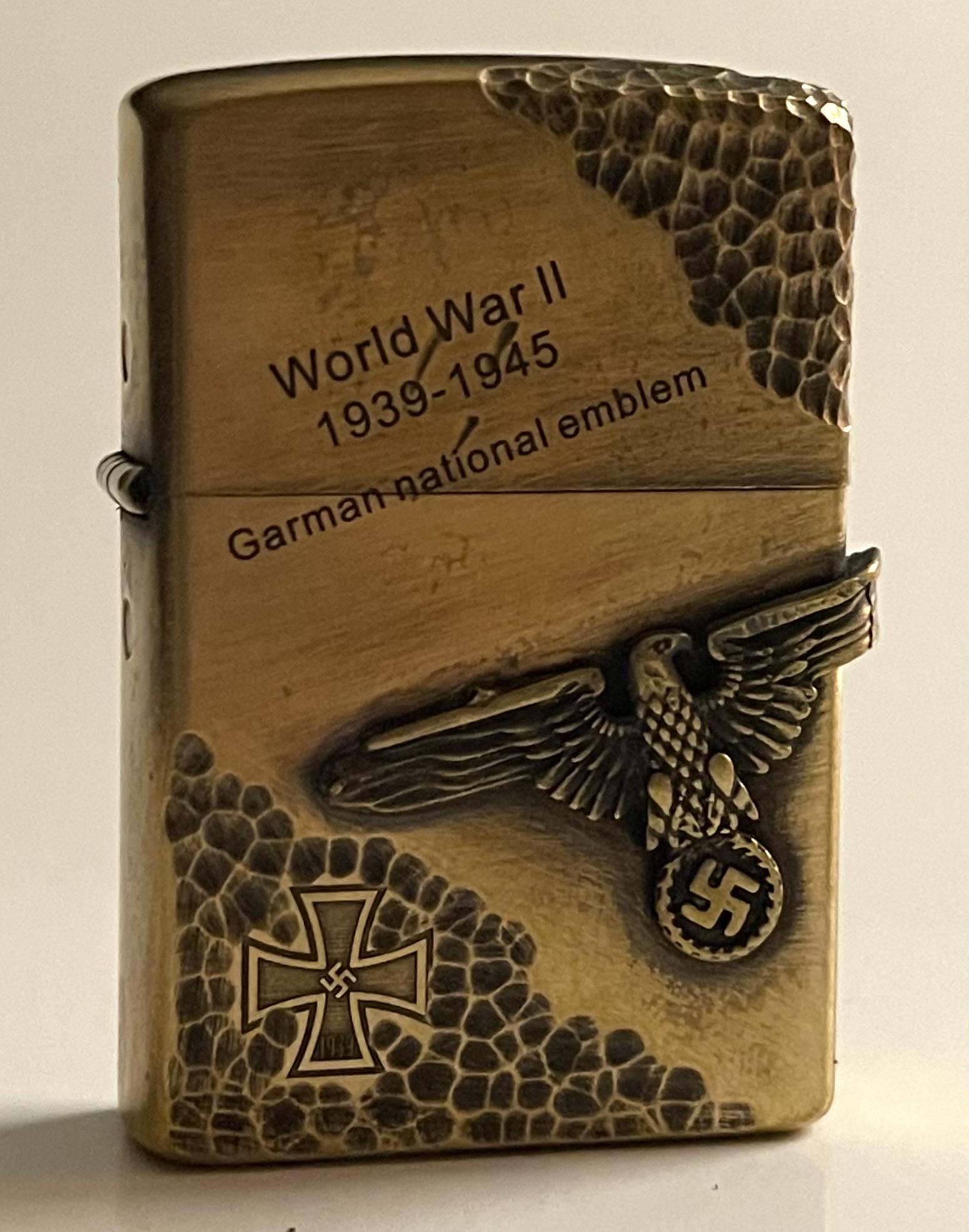 WW2 Nazi Eagle Swastika Harley Davidson Brass Lighter: This is a WW2 Adolf Hitler German Nazi Tribute Lighter featuring the German National Emblem and Signed on Back â€“ See all Photos - All WW2 Nazi, German or Russian Advertised Items are SOLD AS-IS