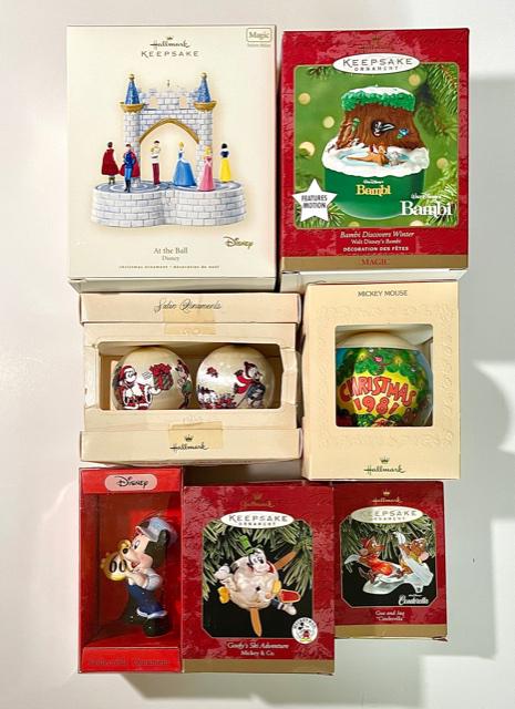 Lot of 8 Vintage WALT DISNEY Christmas Ornaments: All with Original Boxes - All from the Estate of World Renowned Ornaments Collection of Clara Scroggins