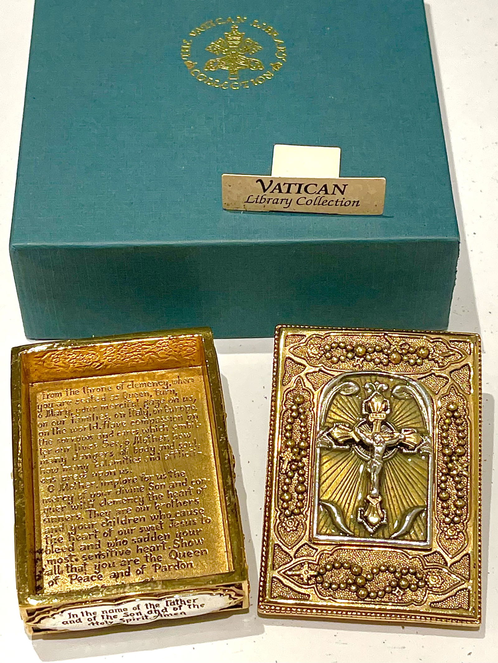 RARE Vatican Library Religious Gold Embossed Prayer Box: Vatican Library Religious Gold Washed Heavy Embossed Prayer featuring Jesus Christ on the Cross - Extremely Rare Piece in Beautiful Condition / Signed on Back The Vatican Library Collection / Very Orn