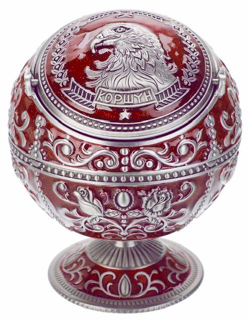 Enameled Russian Odorless Trap Door Footed Ashtray: This is a Cylindrical Footed Piece that is Very Cool Looking â€“ It has Been on Display and Never Used â€“ The Door Opens and Closes to keep all odors inside â€“ It is an awesome lookin