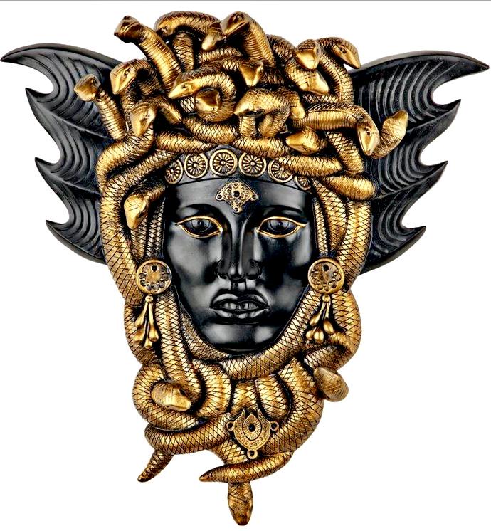 Medusa the Greek Snake-Haired Gorgon Wall Sculpture: This is an Awesome Wall Sculpture with Amazing Detail. The Mythology of this Greek Goddess is if you are not on her good side, she will turn you into stone. She is cast high quality designer resin and