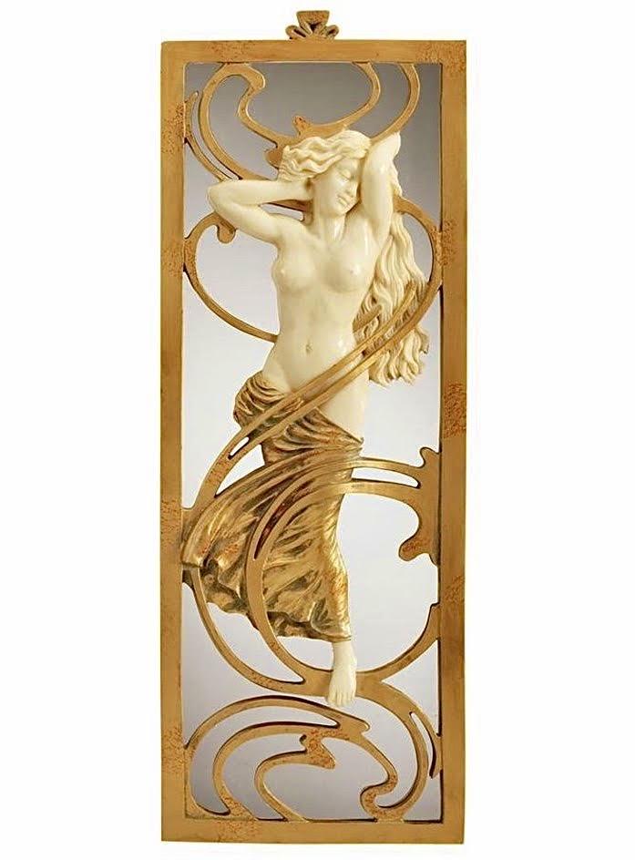 Art Nouveau Style Parisian Salon Sculptured Wall Mirror: This Wall Mirror Features a Beautiful Nude Maiden cast in designer resin and finished in faux ivory and gold leaf. It is Highly Detailed and Measures Approximately 19 Inches Tall. It has never been on