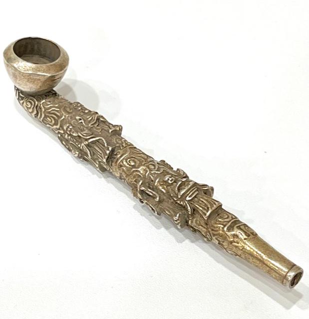 Chinese Immortals Embossed Tibet Silver Tobacco Pipe: Very Ornate / Fully Embossed / Must See all Photos to Appreciate / Tibetan Silver is Not Sterling / This is a Highly Collectible Item Sold AS-IS with No Value Placed on it with regards to any precious