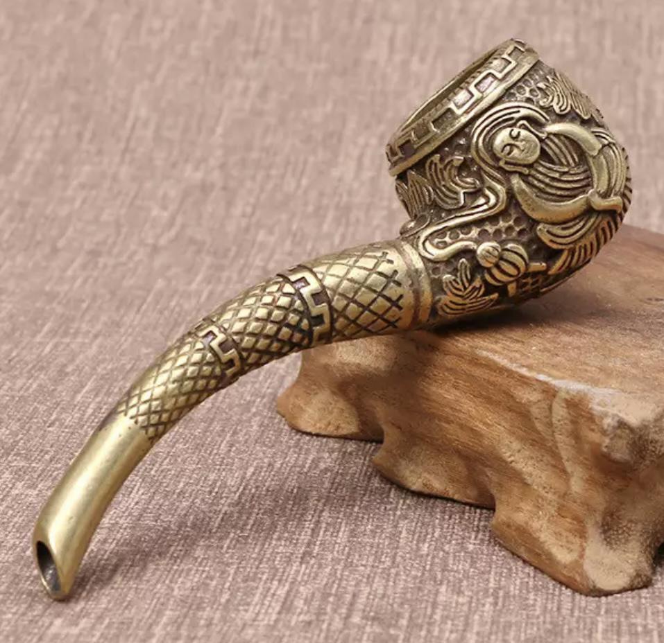 Chinese Embossed Buddha Coppered Bronze Tobacco Pipe (1 of 1)