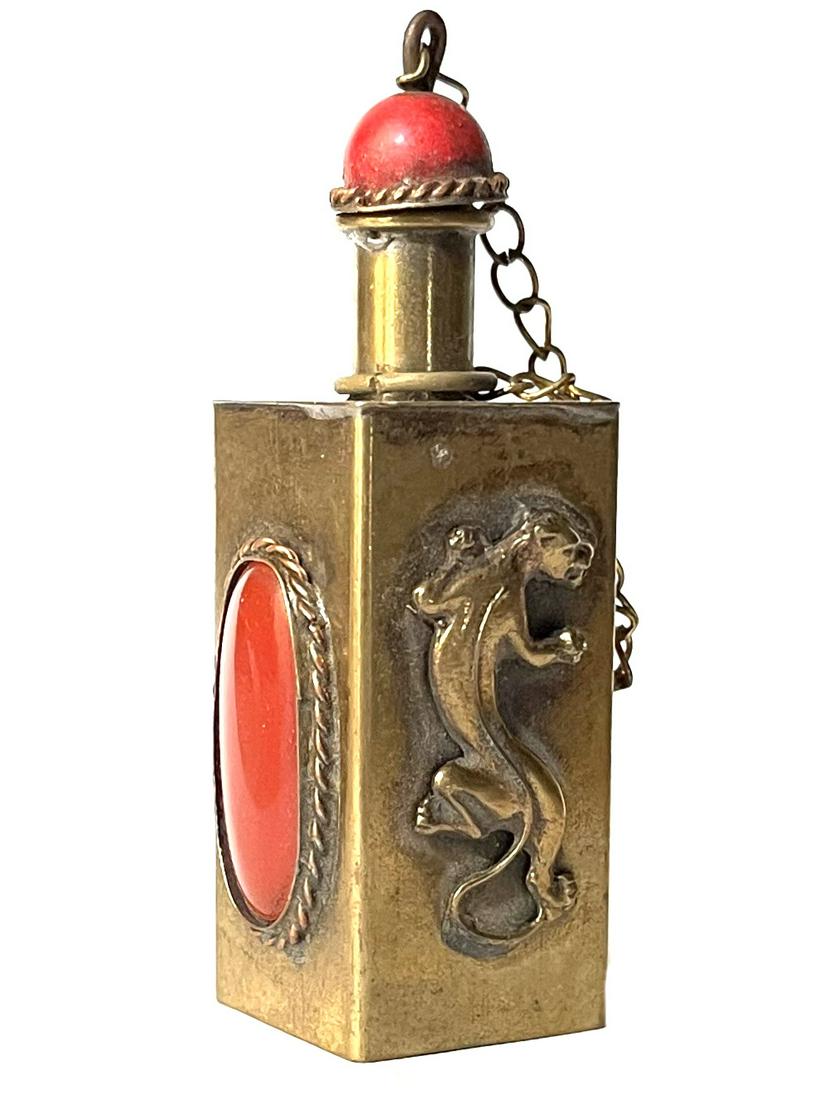 Old Chinese Copper Relief Art Gecko Gemstone Inlayed Snuff Bottle (1 of 3)