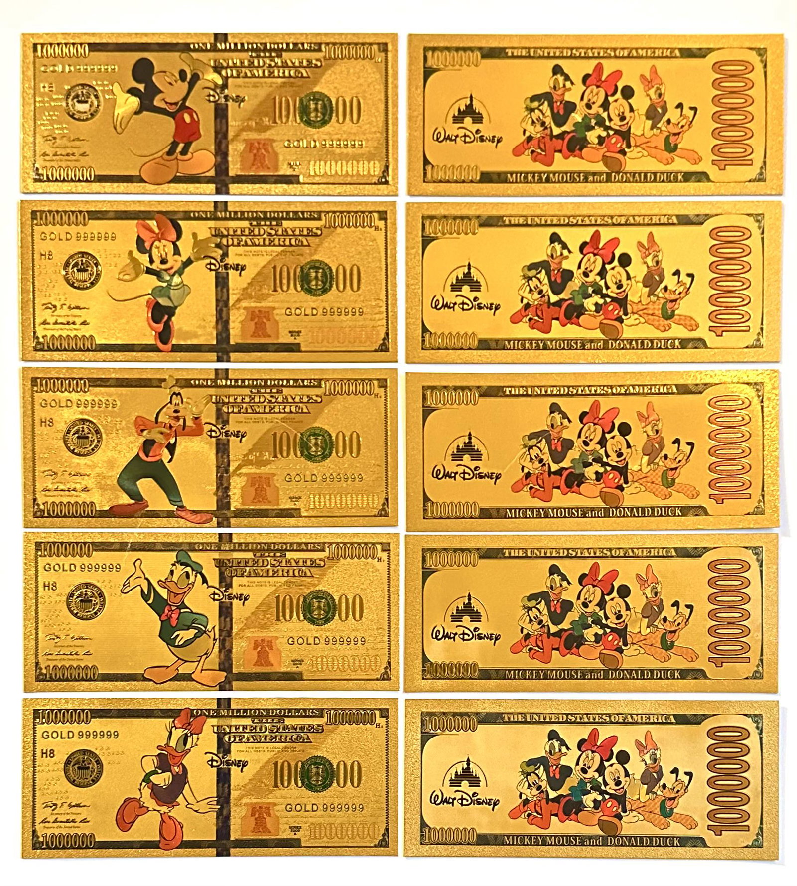 6 Rare DISNEY Mickey Mouse and Friends Gold Clad Bills: Awesome Lot of 6 Collectible DISNEY Mickey Mouse and Friends Gold Clad Banknote Style Bills. Multiple Photos Posted