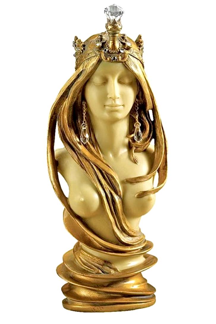 Art Nouveau Lady Sculpture inspired by Alphonse Mucha: This Sculpture Bust was originally designed by Artist Alphonse Mucha. It was recast in high quality designer resin, hand painted in hues of Ivory and Gold, embellished in faux gemstones and is very or