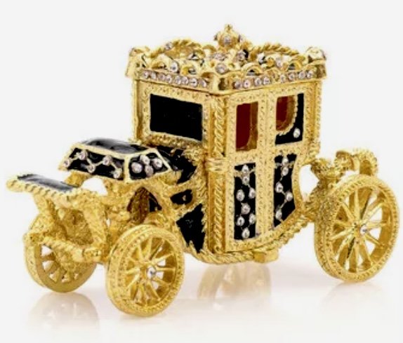 Gorgeous FABERGE Inspired Enamel Cinderella Carriage Trinket Box: Beautiful BLACK Studded and Enameled Faberge Inspired Cinderella Carriage Trinket-Jewelry Box that is in Never Displayed Condition â€“ Multiple Photos Posted