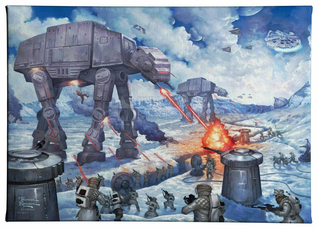 Genuine Thomas Kinkade STAR WARS Canvas Art w/COA: 14 x 10 / Star Wars AT-AT Ground Assault - Comes Gallery Wrapped on Wood Frame with COA on Back as Seen in Photos â€“ This has never been hung and is still in its original plastic wrap from the S