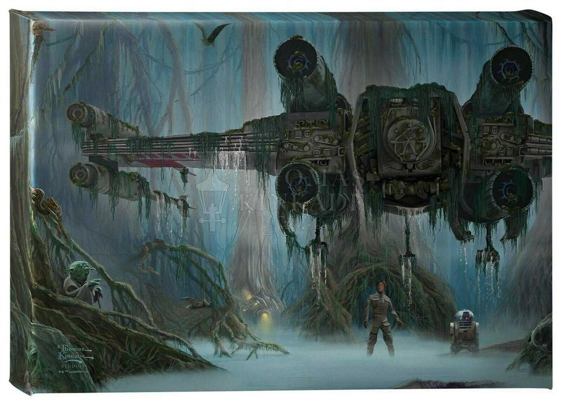 Genuine Thomas Kinkade STAR WARS Canvas Art w/COA: 14 x 10 / Luke Skywalker Jedi Training with Yoda - Comes Gallery Wrapped on Wood Frame with COA on Back as Seen in Photos â€“ This has never been hung and is still in its original plastic wrap fr