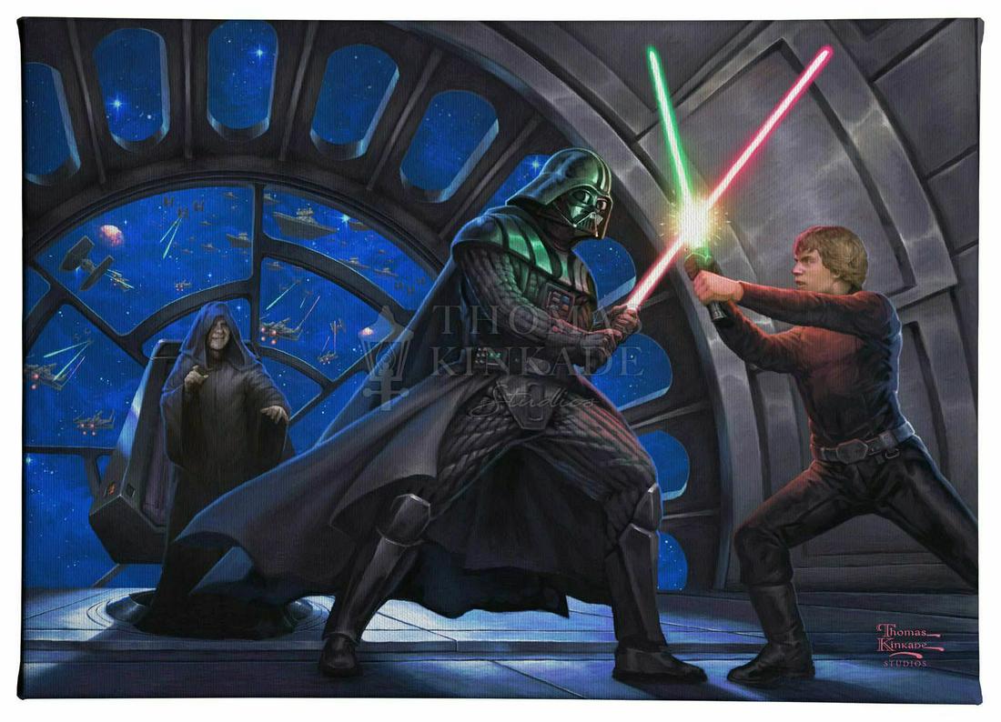 Genuine Thomas Kinkade STAR WARS Canvas Art w/COA: 14 x 10 / Star Wars Darth Vader vs Luke Skywalker - Comes Gallery Wrapped on Wood Frame with COA on Back as Seen in Photos â€“ This has never been hung and is still in its original plastic wrap f