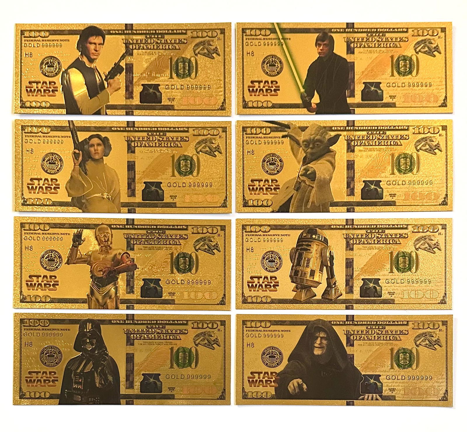 RARE Lot of 8 STAR WARS Gold Clad Collectible Bills â€“ A (1 of 2)