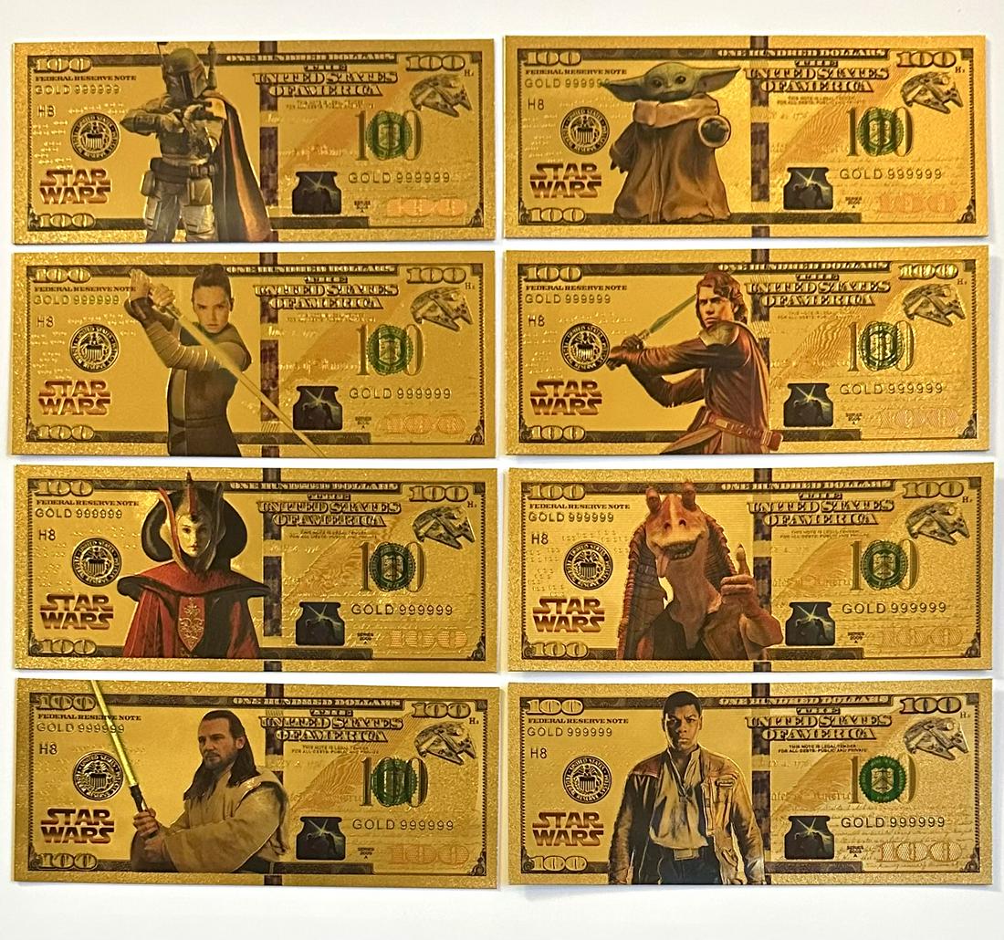 RARE Lot of 8 STAR WARS Gold Clad Collectible Bills â€“ B (1 of 2)