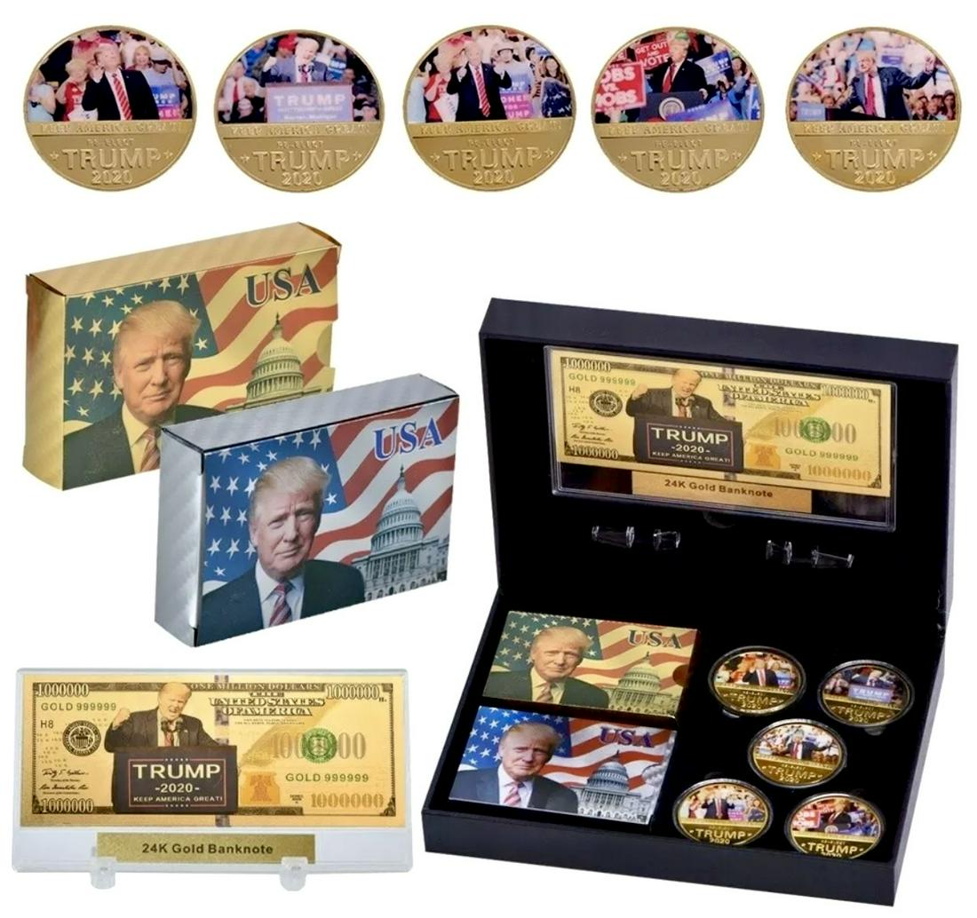 DONALD TRUMP Keep America Great 2020 Campaign Coin Set: Extremely Cool Set that Comes Complete in a Specially Designed Presentation Box â€“ Comes with 5 Gold Clad Portrait Coins, Gold Clad Novelty Banknote and 2 Deck of Unopened Gold and Silver Foil P