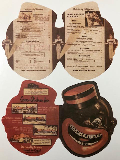 Black Americana Coon-Chicken Inn Restaurant Menu: Die-Cut Folding Menu - Double Sided - See all Photos - Print Date Unknown â€“ Sold AS-IS