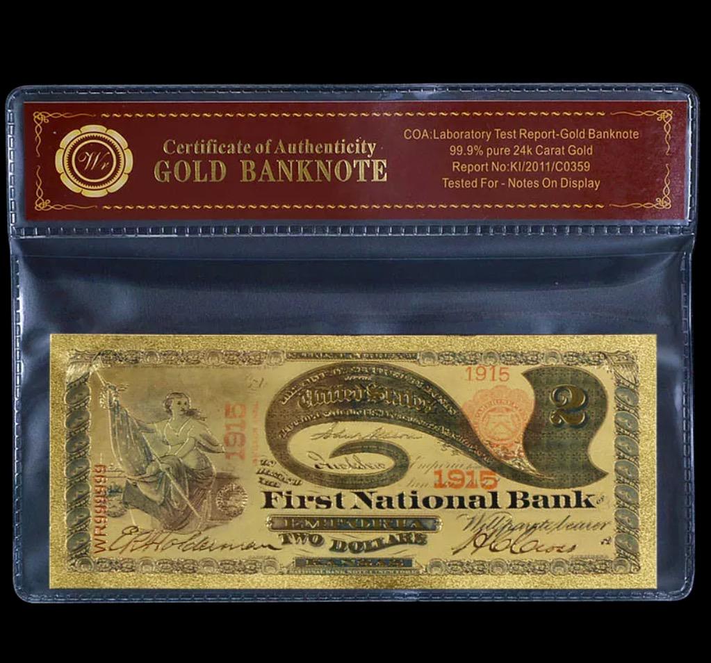 1875 Emporia Lab Tested 24k Gold Clad $2 Banknote: First National Bank Emporia Kansas / Lab Tested for Bank Notes on Display / Not Actual Currency or Period Original / These are Re-Created to Simulate the Originals and are Being Sold as a Collectible 
