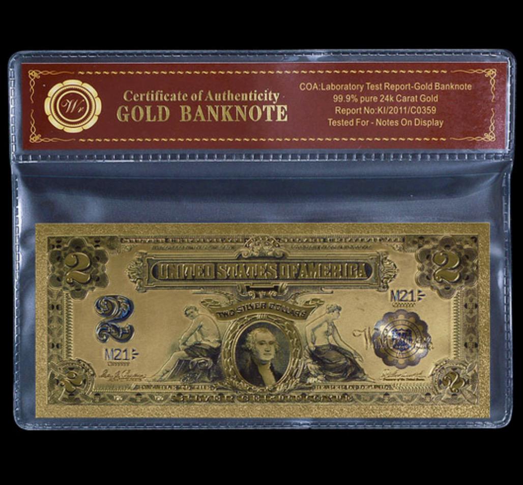 1899 Lab Tested 24k Gold $2 Silver Certificate Banknote: 24k Gold Clad Banknote / Lab Tested for Bank Notes on Display / Not Actual Currency or Period Original / These are Re-Created to Simulate the Originals and are Being Sold as a Collectible Novelty