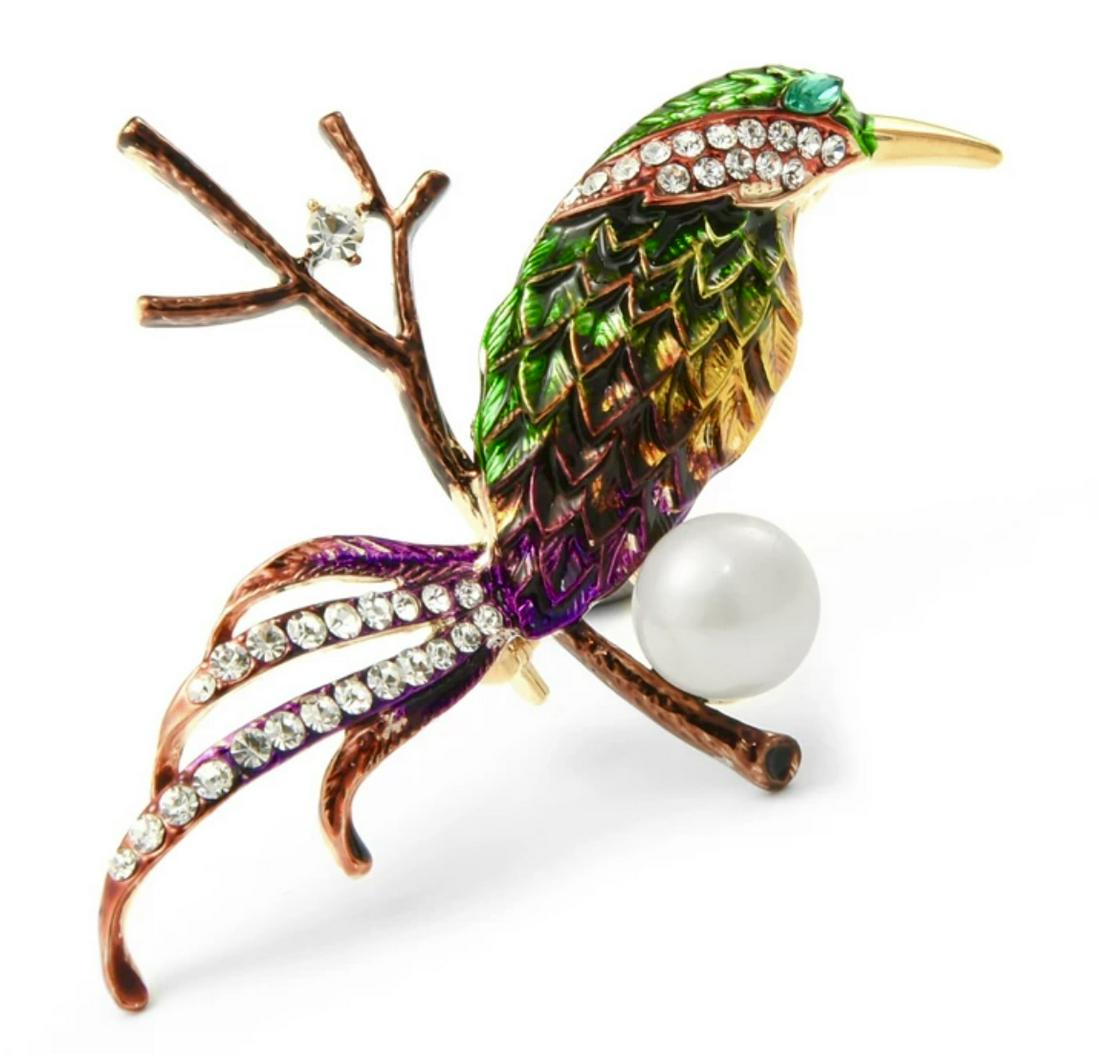 Stunning Enameled Perched Bird Brooch w/Faux Pearl (1 of 2)