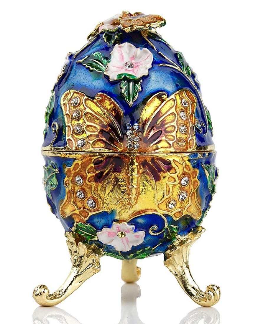 Gorgeous Faberge Inspired Enameled & Jeweled Egg: This is a Russian Made Faberge Inspired Egg featuring a Butterfly in Front with Stunning Colors -- It is in Never Displayed Condition â€“ Multiple Photos Posted