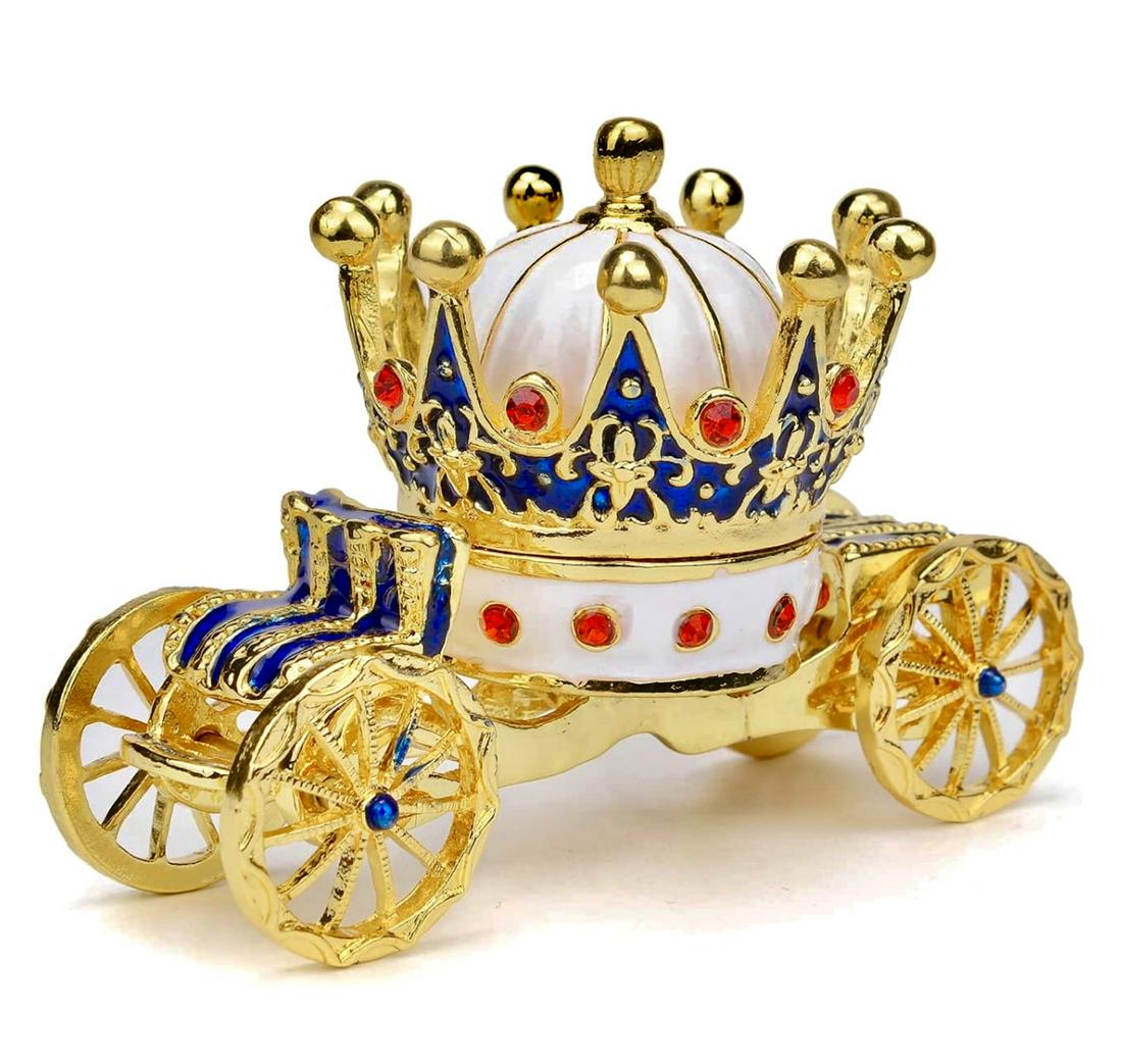 Faberge Enameled Royal Carriage and Crown Trinket Box: This is a Beautiful Unsigned FABERGE Enameled Royal Coronation Crown and Carriage Trinket Box / Absolutely Breathtaking / Multiple Photos Posted