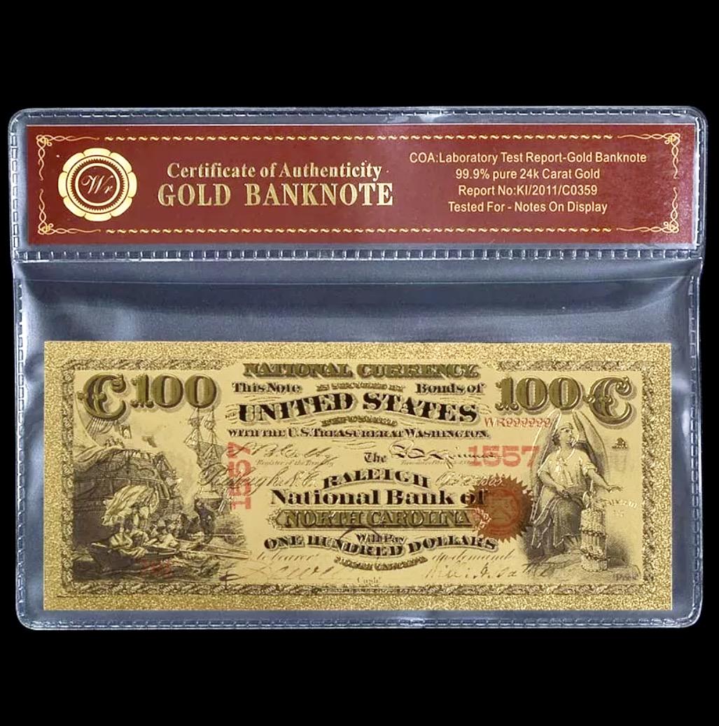 1875 Lab Tested 24k Gold Clad $100 Banknote: First National Bank of North Carolina / Lab Tested for Bank Notes on Display / Not Actual Currency or Period Original / These are Re-Created to Simulate the Originals and are Being Sold as a Collectib