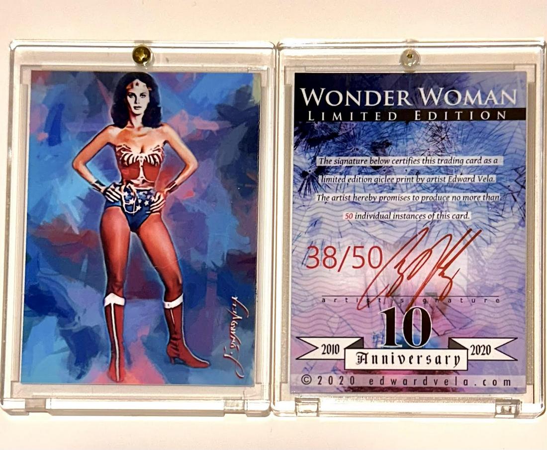 1/50 Artist Signed Linda Carter Wonder Woman Art Card: Only 50 Made / Hand Signed and Numbered by Artist / The Actual # in the Photo May or May Not be the one you get but it will be the exact card in the picture / These are Highly Collectible Giclee Print