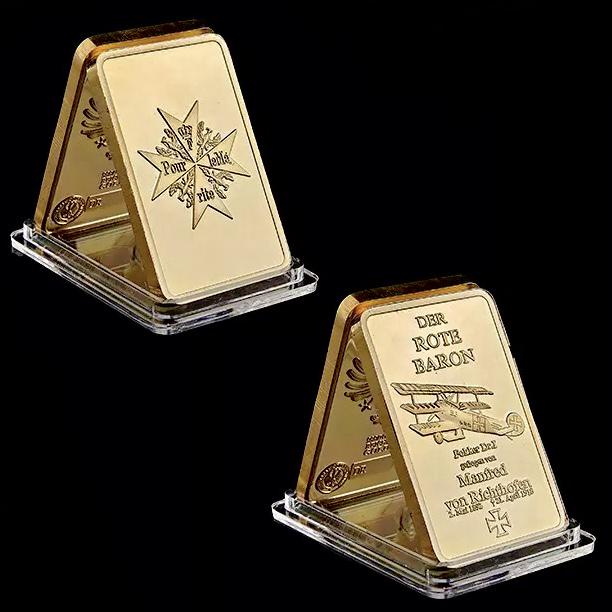 WW1 German Airforce Red Baron 1oz Gold Clad Bar: Der Rote Baron Manfred Albrecht Freiherr Von Richthofen Commemorative Gold Clad Bar - Encapsulated â€“ This is a Novelty Gold Plated Bar containing No Precious Metals â€“ This should not be