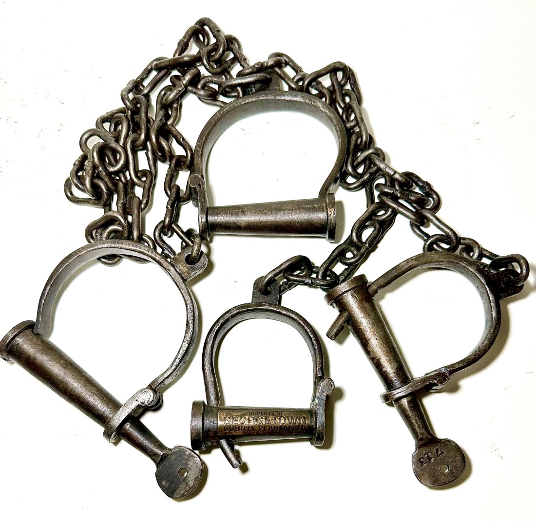 Black Americana Property of Georgetown Police Wrist and Ankle Shackles: This Item Symbolizes a dark part of our History / We Do Not Support the ideals this Piece Represents / We do not know how old these actually are but they are Not Original / See all Photos