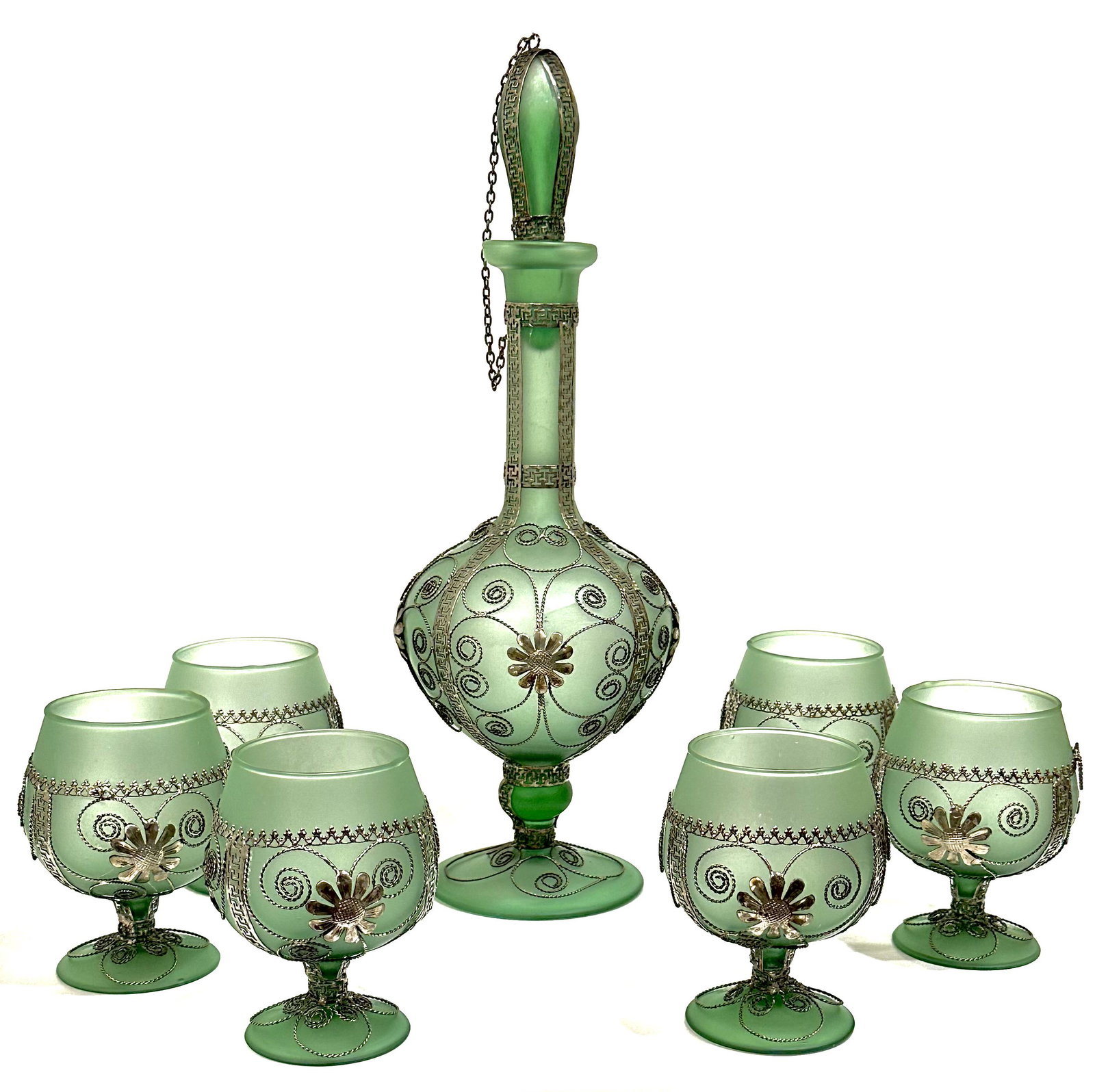 Antique Italian Hand Decorated Green Glass Decanter Set (1 of 3)