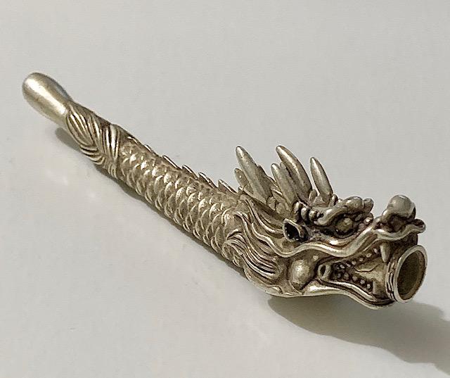 Old Hallmarked Tibetan Silver Dragon Tobacco Pipe Rod: Extremely Ornate Tibetan Silver Figural Dragon Tobacco Pipe Rod or Cigarette Holder / It is an Awesome Piece / Must See all Photos to Appreciate / Tibetan Silver is Not Sterling / This is a Highly Col