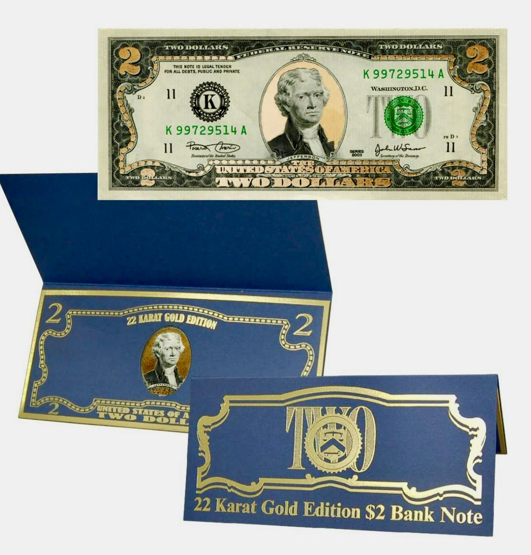 1 st Edition 22k Gold Layered Legal Currency $2 Bill: This crisp $2 note has been layered with 22kt Gold highlights and Includes a presentation wallet to house and protect the note. Only a tiny fraction of all $2 bills have been set aside for this specia