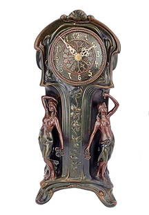 Elegant Art Nouveau inspired Verdigris Bronze Finish Dual Maiden Mantel Clock: Created in the style of Art Nouveau master Karl Korschann with verdigris bronze finish. Approximately 16 Inches tall and has never been on display. This was Consigned to us by a Store that was