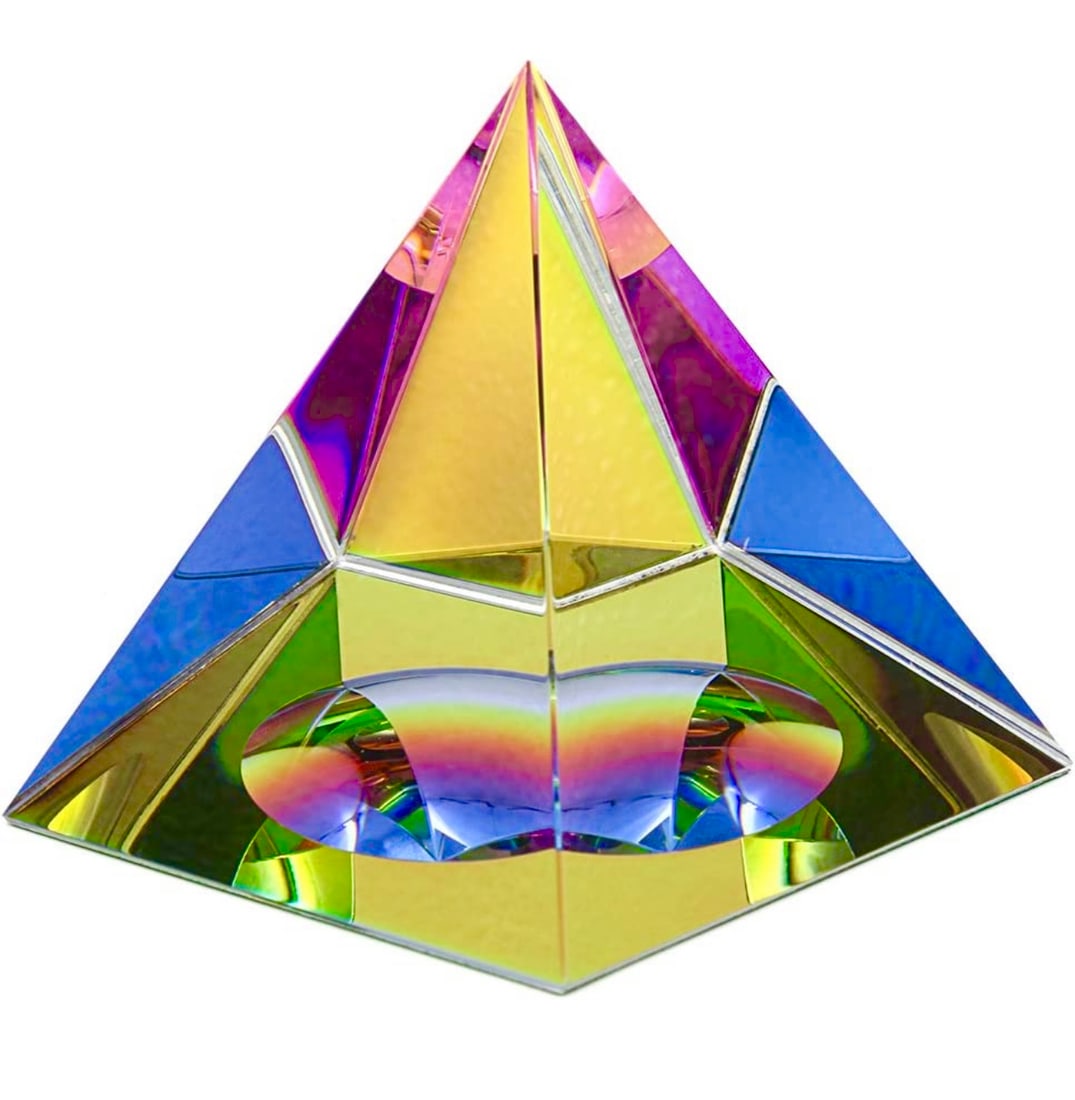 Stunning & Large Multi-Faceted Colored Crystal Pyramid Desktop Paperweight (1 of 2)
