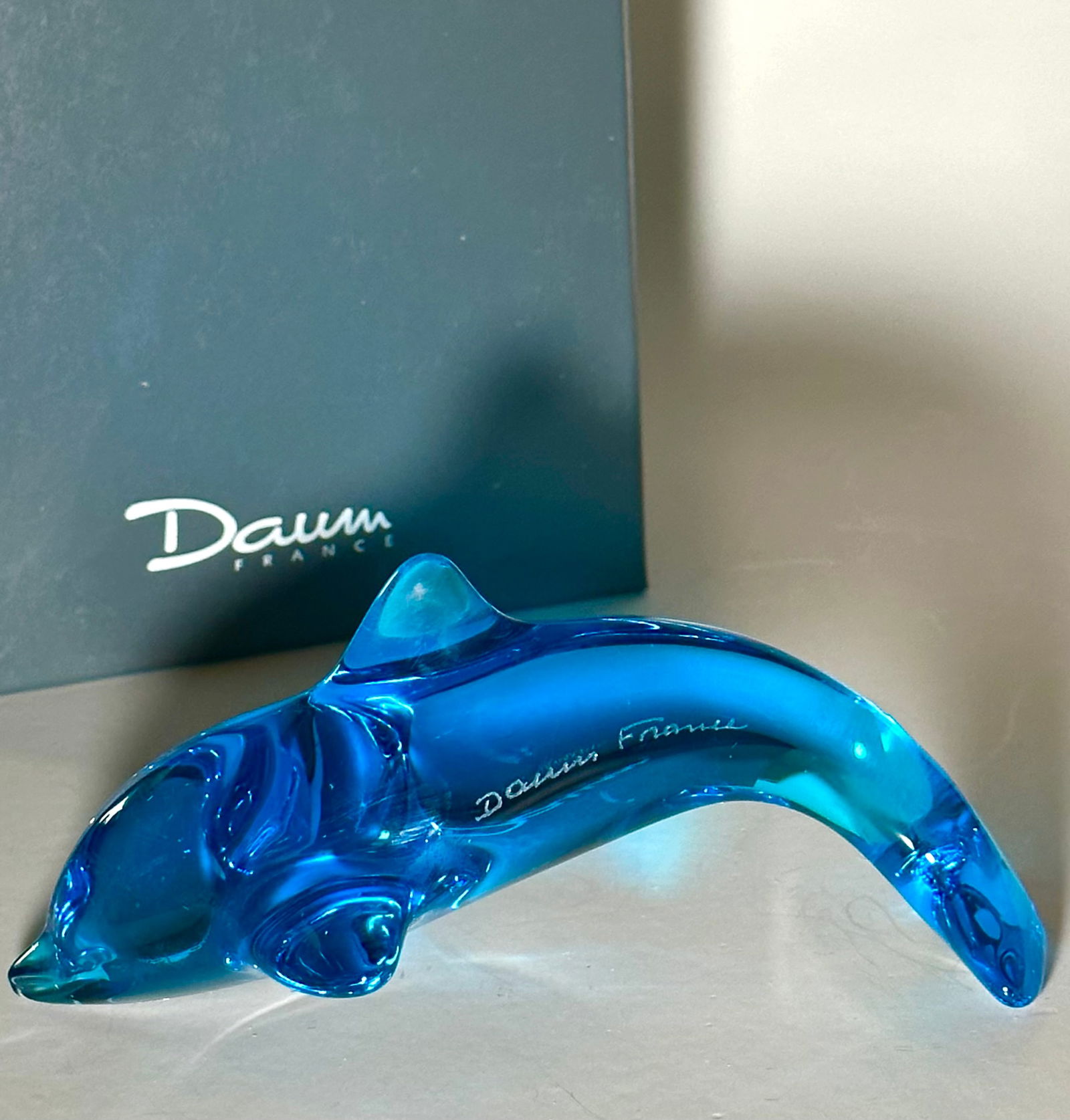 Scarce DAUM FRANCE Blue Crystal Dolphin w/Original Box (1 of 4)
